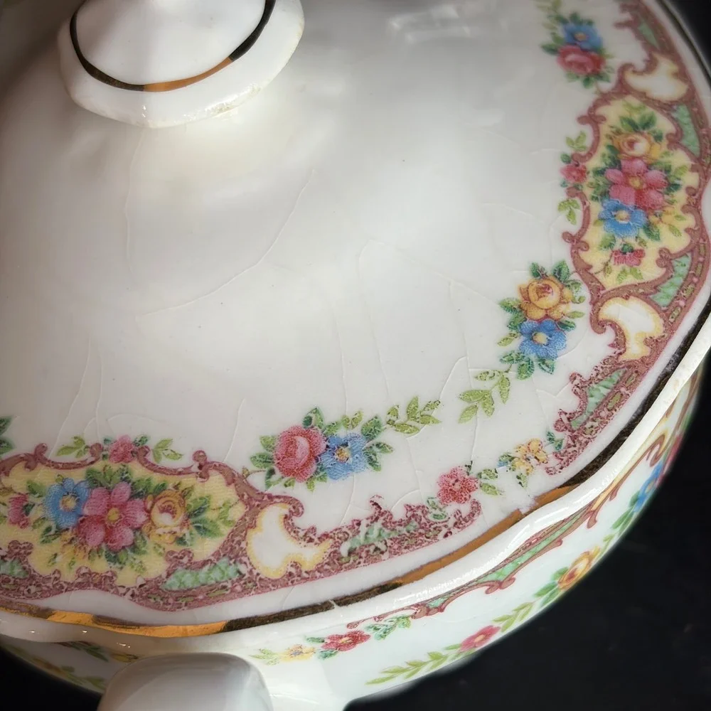 Antique Floral Porcelain Lidded Sugar Bowl Gold Gilt Trim Footed Tea Server